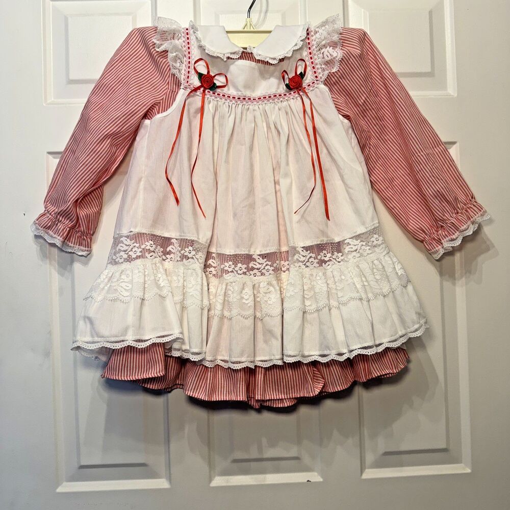 Vintage Bryan Toddler Girls Christmas Prairie Dress Size 4T Red White Lace US